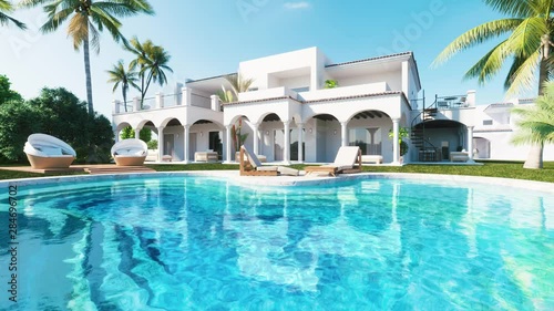 Private luxury Villa with Swimming Pool and palms. Realistic 3d visualisation in 4k resolution. photo