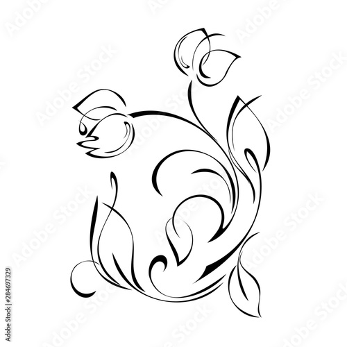 stylized flower with two buds on a curved stem with leaves and curls in black lines on a white background