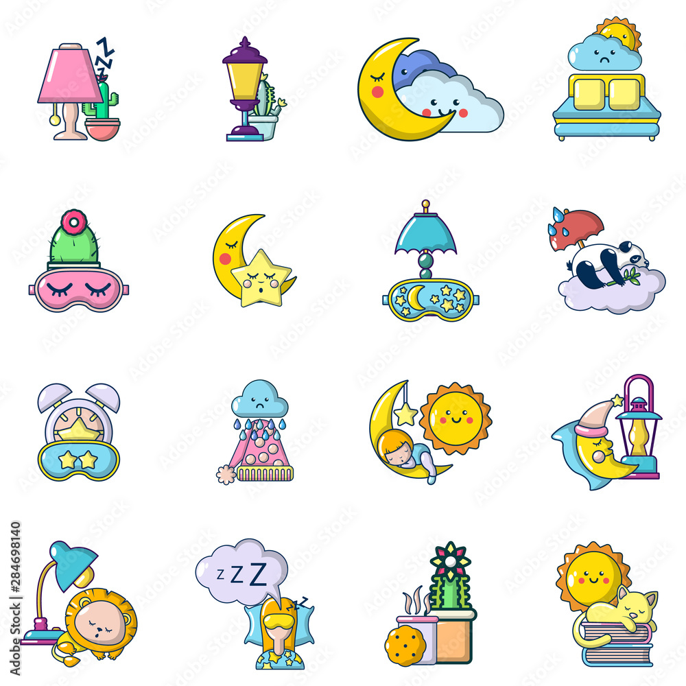 Sleep icons set. Cartoon set of 16 sleep vector icons for web isolated on white background