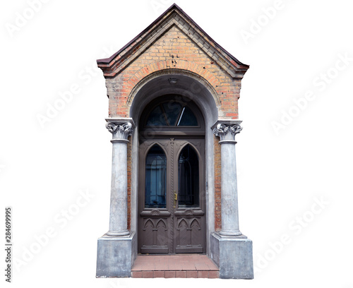 Building entrance and porch with door in modern style architecture. Isolated on white.