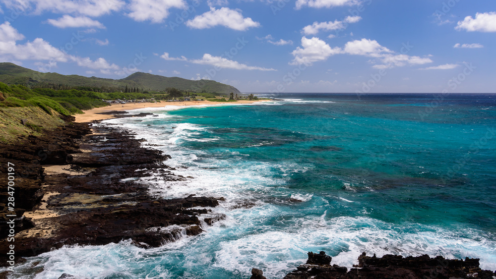 View of Sandy Beach Park, from the Halona Blowhole lookout, Oahu, Hawaii.
