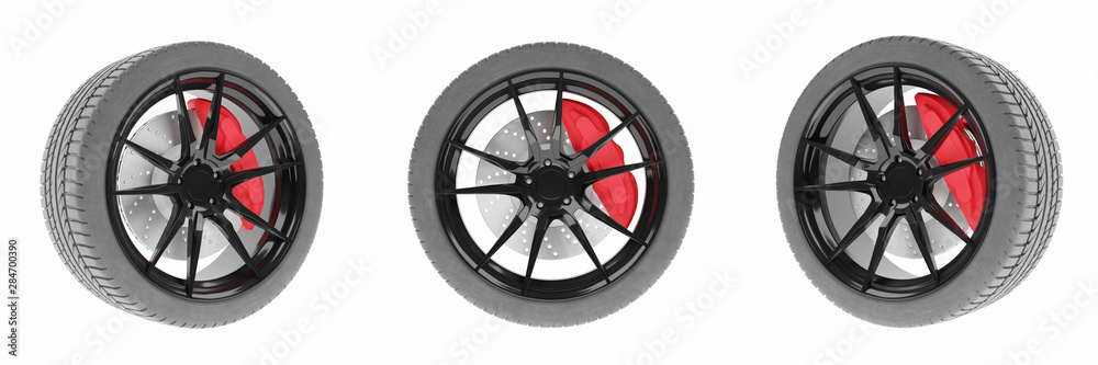 Car wheel with brakes on white background Car wheel with brakes on white background