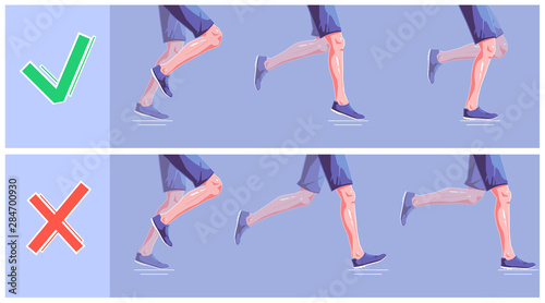 Natural running. Wrong and right stages of running. Healthy steps of run, lifestyle concept. Vector flat illustration.