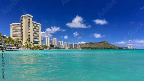 View of Diamond Head volcano, from Waikiki beach, Honolulu, Oahu, Hawaii © parkerspics