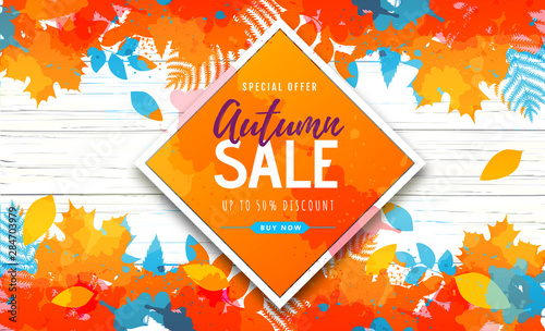Autumn big sale watercolor poster with autumn leaves. Autumn background