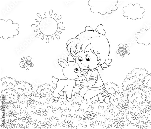 Happy little girl playing with a small kid among wildflowers on grass of a summer field on a sunny day, black and white vector illustration in a cartoon style for a coloring book