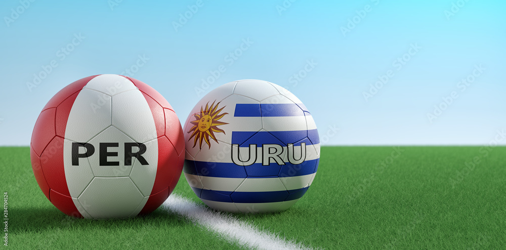 Peru vs. Uruguay Soccer Match - Soccer balls in Uruguay and Peru national colors on a soccer field. Copy space on the right side - 3D Rendering Peru vs. Uruguay Soccer Match - Soccer balls in Uruguay and Peru national colors on a soccer field. Copy space on the right side - 3D Rendering