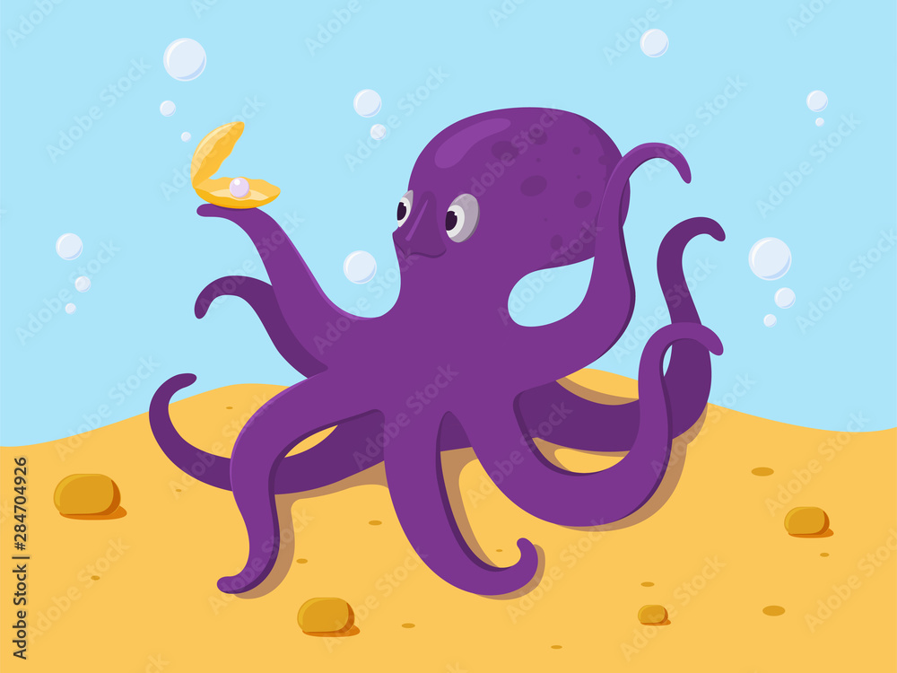 Cartoon octopus holding a shell with a pearl in its tentacles Cartoon octopus holding a shell with a pearl in its tentacles