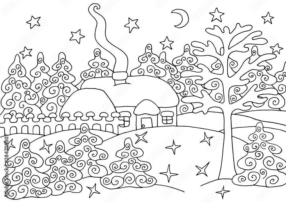 House in the winter forest - coloring page