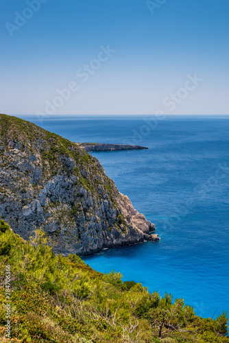 Wonderful view over the steep west coast and the blue Mediterranean Sea of Zakynthos, Greece