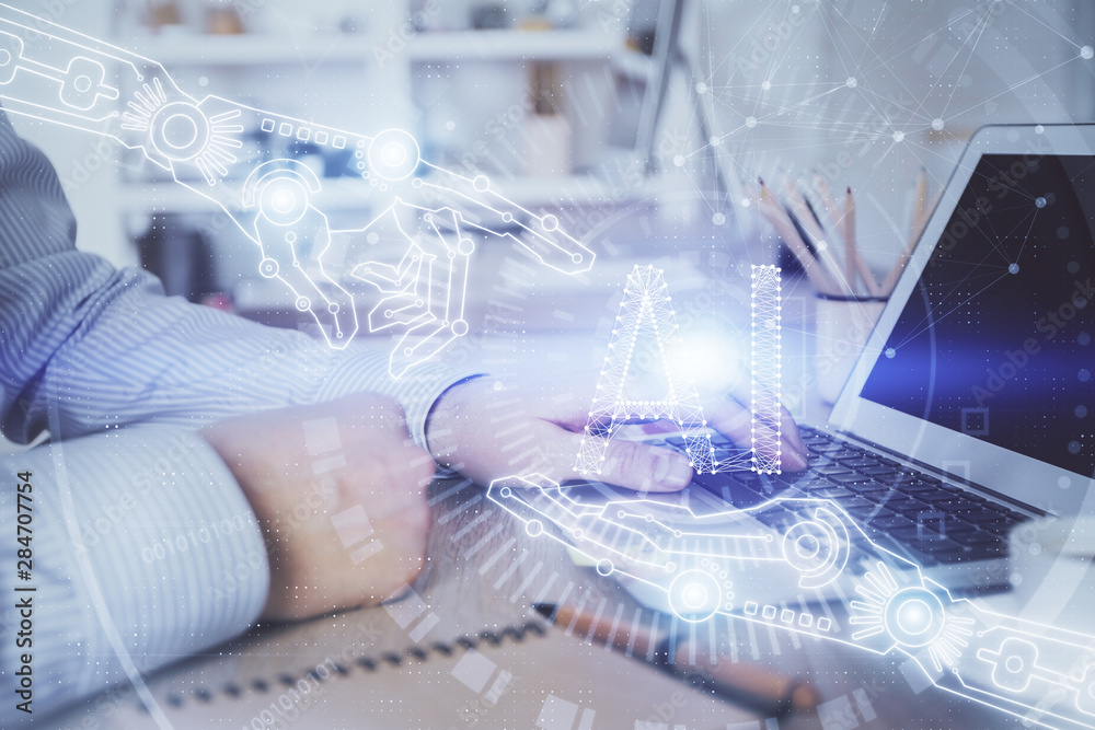 Businessman working on Laptop with technology theme drawing. Concept of big data. Double exposure.