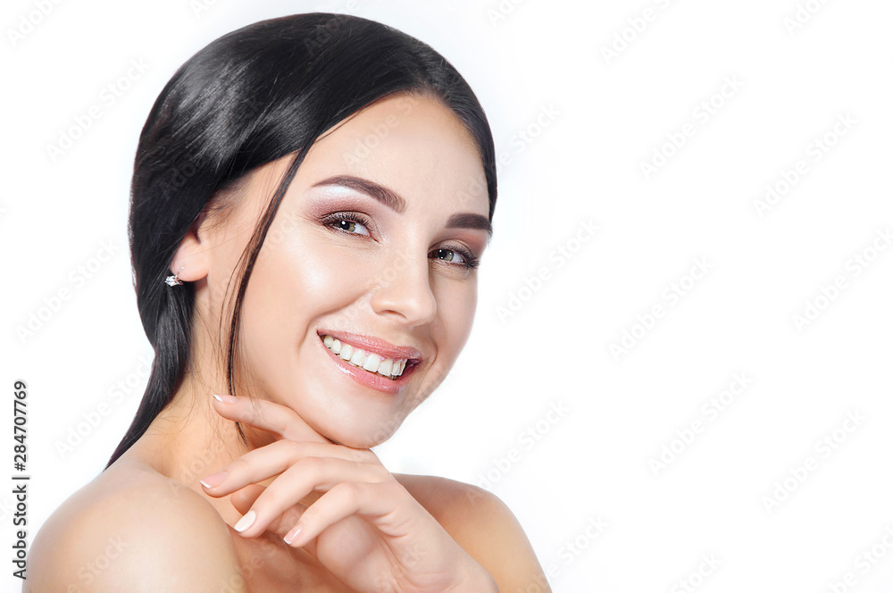 Woman beauty face portrait isolated on white with healthy skin