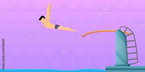 Diving board jump concept banner. Cartoon illustration of diving board jump vector concept banner for web design
