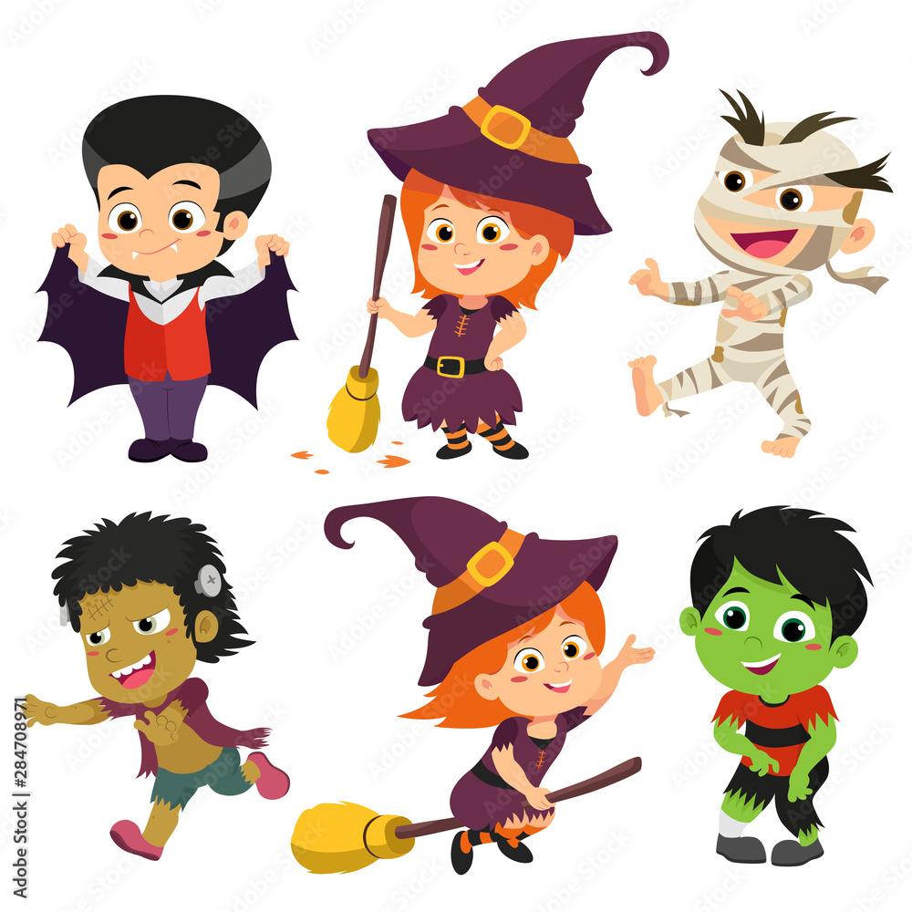 Happy Halloween. Set of cute cartoon children in colorful halloween costumes:witches,dragula,mummy,frankenstein,zombie.Cartoon icon set for halloween kid design. Happy Halloween. Set of cute cartoon children in colorful halloween costumes:witches,dragula,mummy,frankenstein,zombie.Cartoon icon set for halloween kid design.