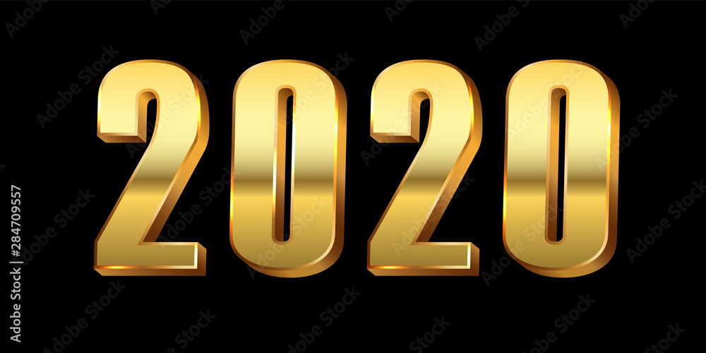 Happy New Year background. Gold 3D number 2020 isolated black background. Bright golden design greeting card, Christmas banner, holiday celebration, decoration poster, calendar. Vector illustration Happy New Year background. Gold 3D number 2020 isolated black background. Bright golden design greeting card, Christmas banner, holiday celebration, decoration poster, calendar. Vector illustration