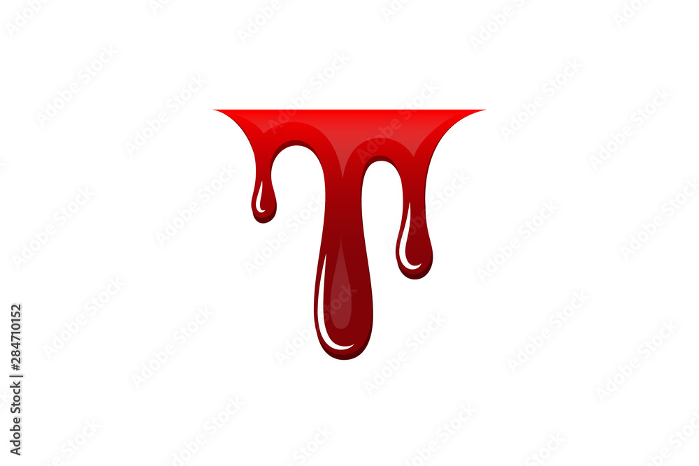 Blood drip 3D. Drop blood isloated white background. Happy Halloween decoration design. Red splatter stain, splash spot, horror blot. Bleeding bloodstain scare texture. Liquid paint Vector illustraton