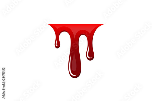 Blood drip 3D. Drop blood isloated white background. Happy Halloween decoration design. Red splatter stain, splash spot, horror blot. Bleeding bloodstain scare texture. Liquid paint Vector illustraton