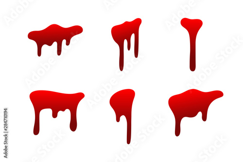 Blood drip set. Drop blood isloated white background. Happy Halloween decoration design. Red splatter stain splash spot, horror blot. Bleeding bloodstain scare texture Liquid paint. Vector illustraton