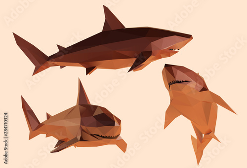 Clay Shark. Set of Brown Shiny Great White Sharks on Isolated Background. Low Poly Vector 3D Rendering