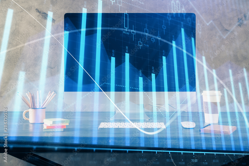 Financial market graph hologram and personal computer on background. Multi exposure. Concept of forex. Financial market graph hologram and personal computer on background. Multi exposure. Concept of forex.