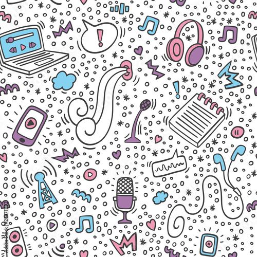 Podcast doodle pattern with computer, microphone, headphones,phone, notebook. Online education and podcasts background. Pattern for site, wallpaper, app, wrapping, background. Broadcast. 