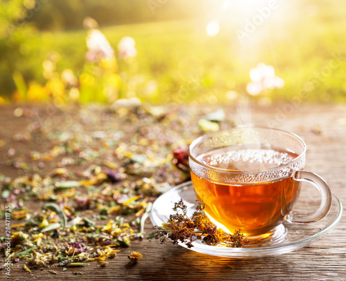 Cup of herbal tea with various herbs at sunset