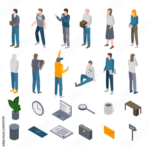 Unemployed icons set. Isometric set of unemployed vector icons for web design isolated on white background