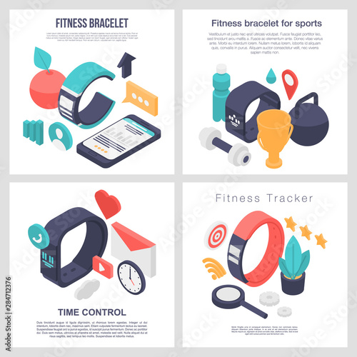 Fitness bracelet accessory banner set. Isometric set of fitness bracelet accessory vector banner for web design