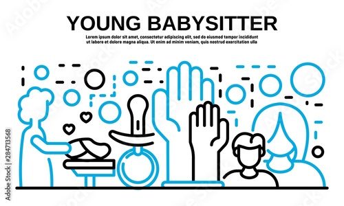 Young babysitter banner. Outline illustration of young babysitter vector banner for web design