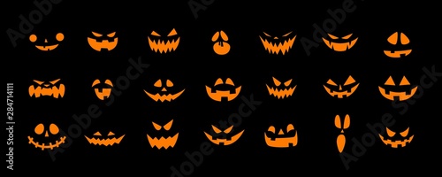 Set of Halloween scary pumpkins cut. Spooky creepy pumpkins cut