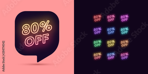 Neon Discount Tag, 80 Percentage Off. Offer Sale