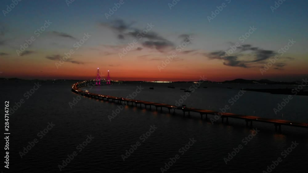 Aerial view of the time passed by the incheon bridge in South Korea Aerial view of the time passed by the incheon bridge in South Korea