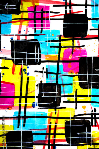 Abstract Vibrant Squares and Lines Ink and Painted Background Illustration