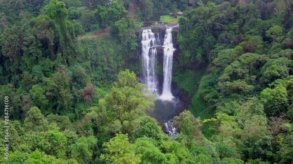 Aerial view of Tad Yaung waterfall in rainforest at Pakse and Champasak city Laos Aerial view of Tad Yaung waterfall in rainforest at Pakse and Champasak city Laos