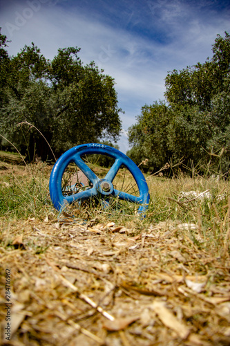 blue valve wheel in the ground of the olive groves