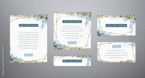 Watercolor geometric templates. Abstract gold polygonal geometric frames. Set vector holiday backgrounds in blue and gold colors for banners, flyer, invitation, greeting card
