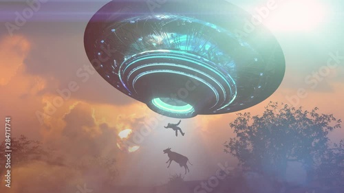 Man and floating to inside of ufo alien ship.   Concept of alien abduction 3d render