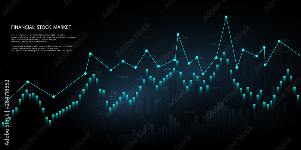 Naklejka premium Stock market graph or forex trading chart for business and financial concepts, reports and investment on dark background . Vector illustration
