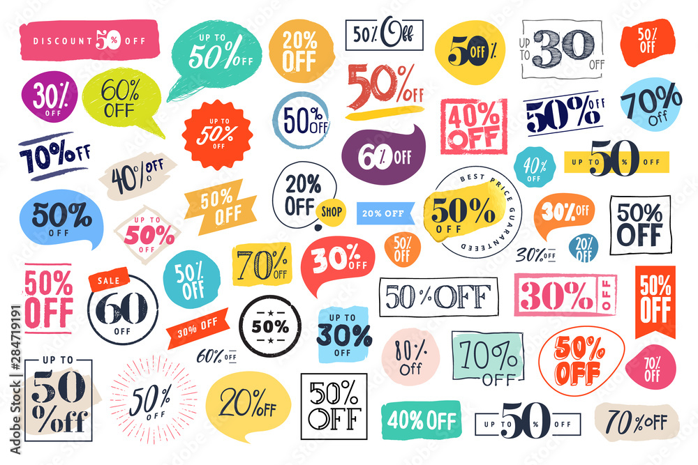 Set of labels and stickers for sale, product promotion, special offer, shopping, e-commerce. Isolated vector illustrations for web design and marketing material.