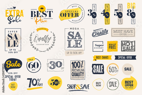 Set of labels and stickers for sale, product promotion, special offer, shopping, e-commerce. Isolated vector illustrations for web design and marketing material.