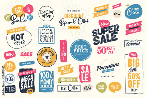 Set of labels and stickers for sale, product promotion, special offer, shopping, e-commerce. Isolated vector illustrations for web design and marketing material. photo