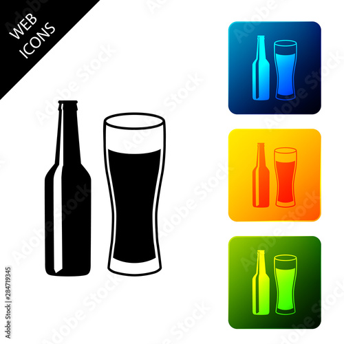 Beer bottle and glass icon isolated on white background. Alcohol Drink symbol. Set icons colorful square buttons. Vector Illustration