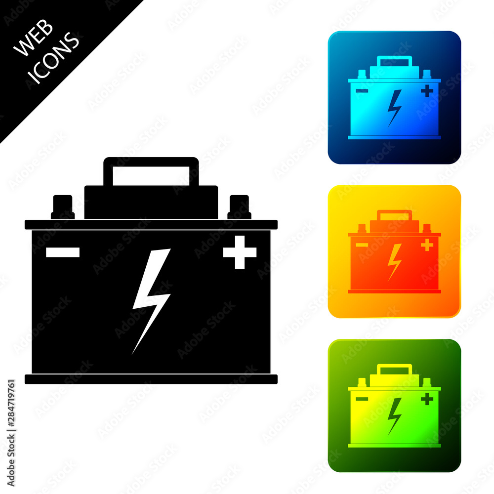 Car battery icon isolated on white background. Accumulator battery energy power and electricity accumulator battery. Lightning bolt symbol. Set icons colorful square buttons. Vector Illustration Car battery icon isolated on white background. Accumulator battery energy power and electricity accumulator battery. Lightning bolt symbol. Set icons colorful square buttons. Vector Illustration