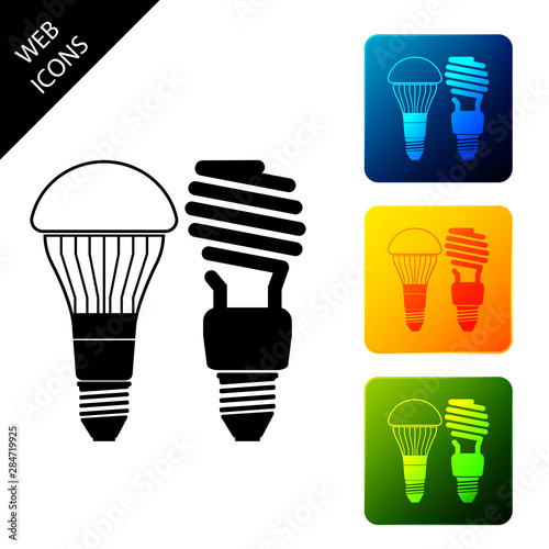 Economical LED illuminated lightbulb and fluorescent light bulb icon isolated on white background. Save energy lamp. Set icons colorful square buttons. Vector Illustration