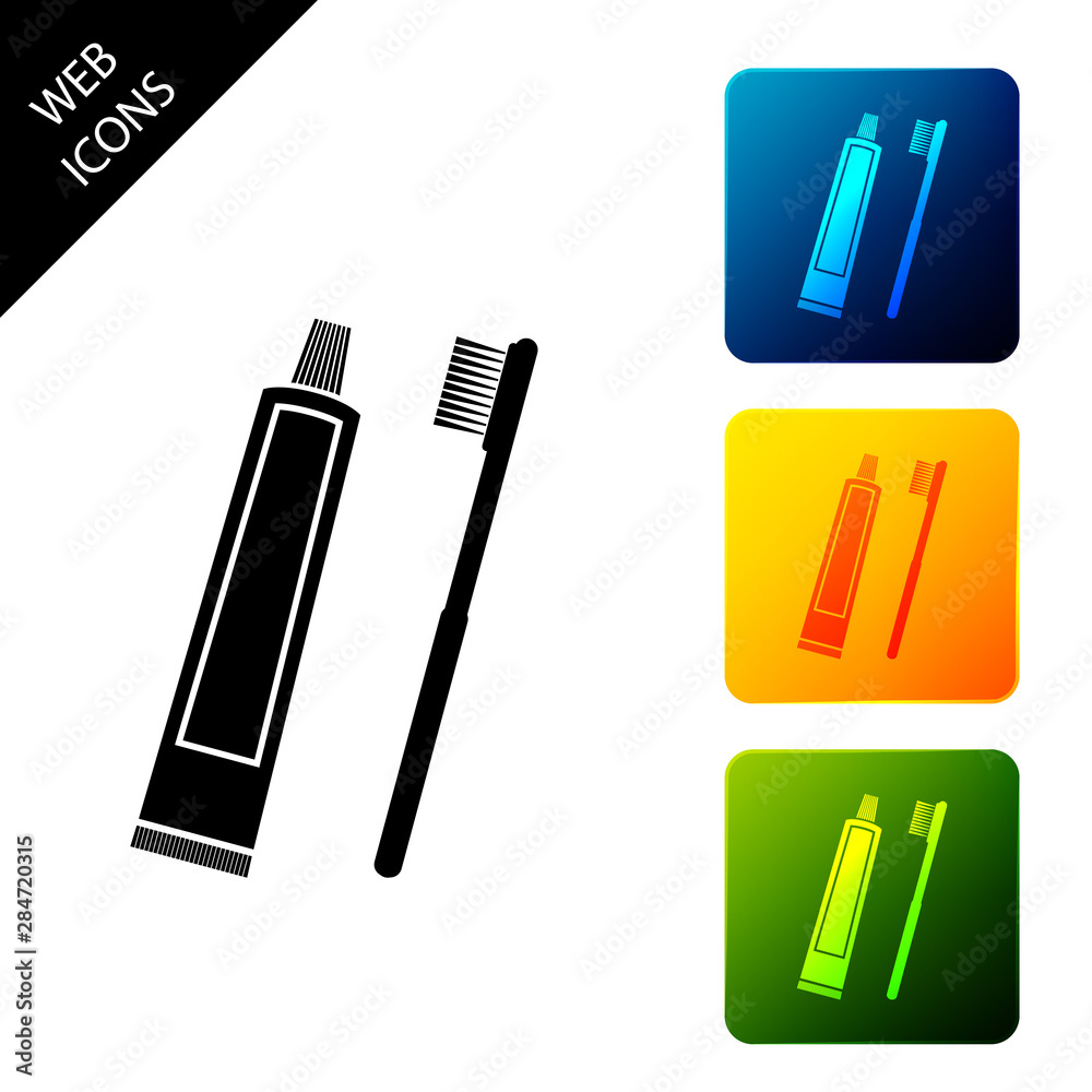 Tube of toothpaste and toothbrush icon isolated on white background. Set icons colorful square buttons. Vector Illustration Tube of toothpaste and toothbrush icon isolated on white background. Set icons colorful square buttons. Vector Illustration