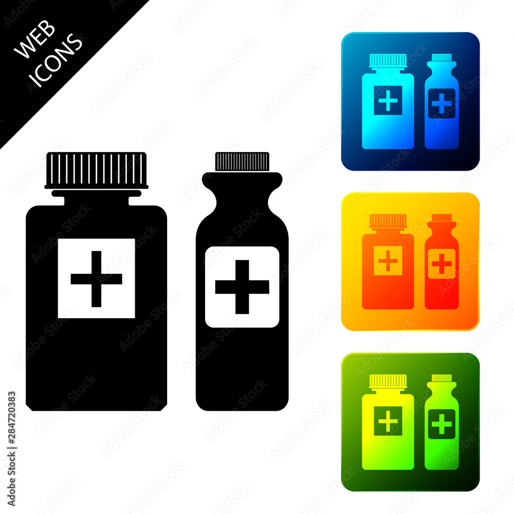 Medicine bottle icon isolated on white background. Bottle pill sign. Pharmacy design. Set icons colorful square buttons. Vector Illustration Medicine bottle icon isolated on white background. Bottle pill sign. Pharmacy design. Set icons colorful square buttons. Vector Illustration