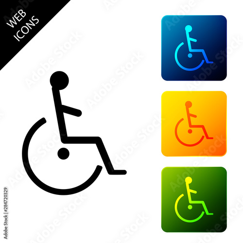 Disabled handicap icon isolated on white background. Wheelchair handicap sign. Set icons colorful square buttons. Vector Illustration