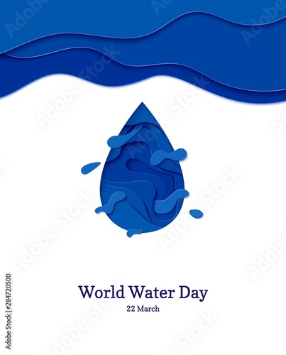 Abstract water drop in cut paper style. Cutout sea wave template for for save the Earth posters, World Water Day, eco brochures, logo. Vector blue waterdrop splash applique card illustration