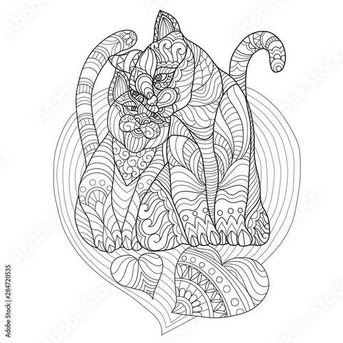 Hand drawn sketch illustration of cat lover for adult coloring book.