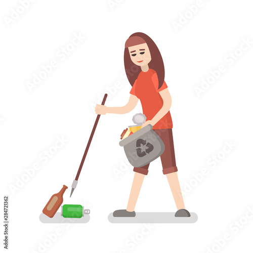 Volunteer girl collects trash